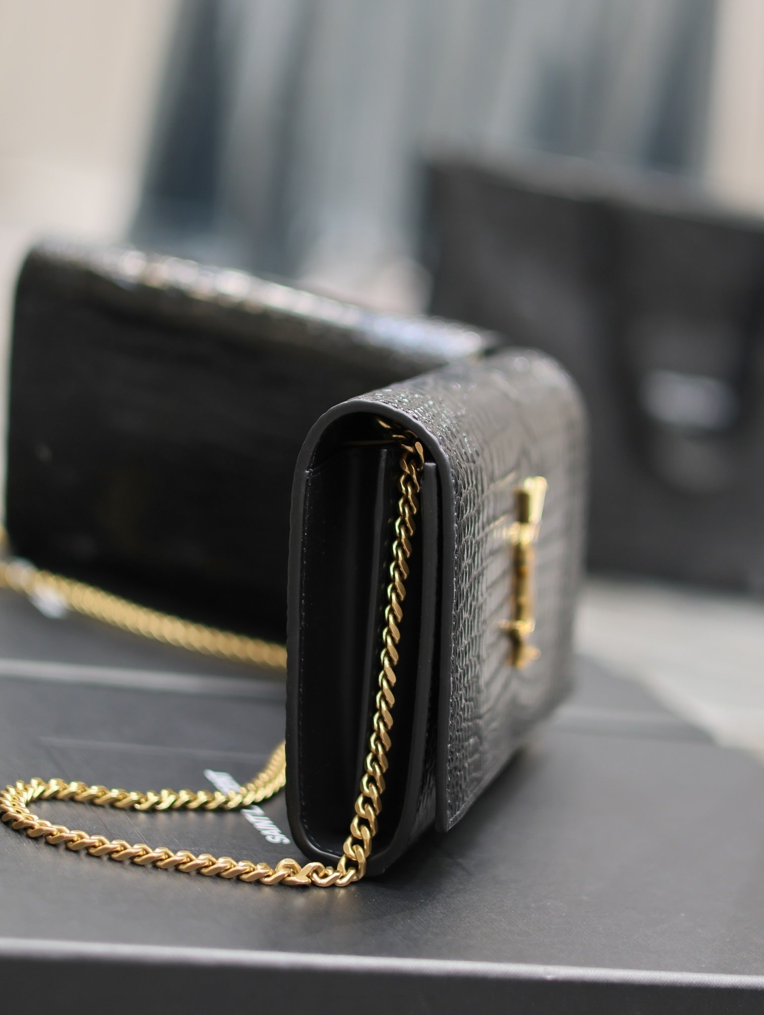YSL Kate Croc Embossed BLack Gold Hardware - 23x14x3cm